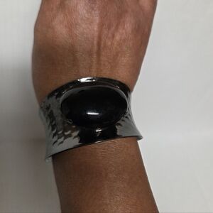 Gunmetal Black Hammered Metal Half-cuff with Faux Large Black Bead